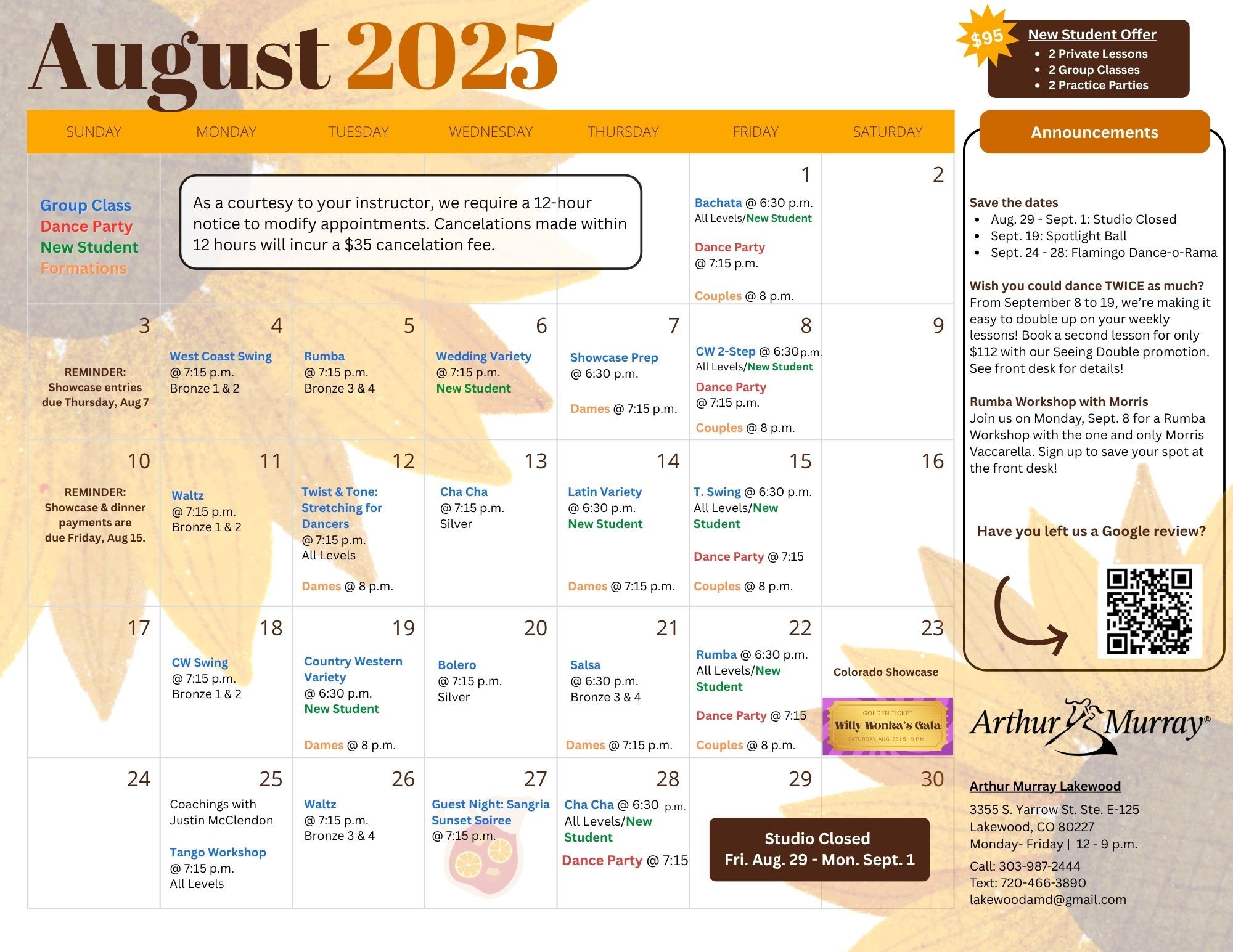 An image of a calendar labeled August 2025, with dance activities indicated.