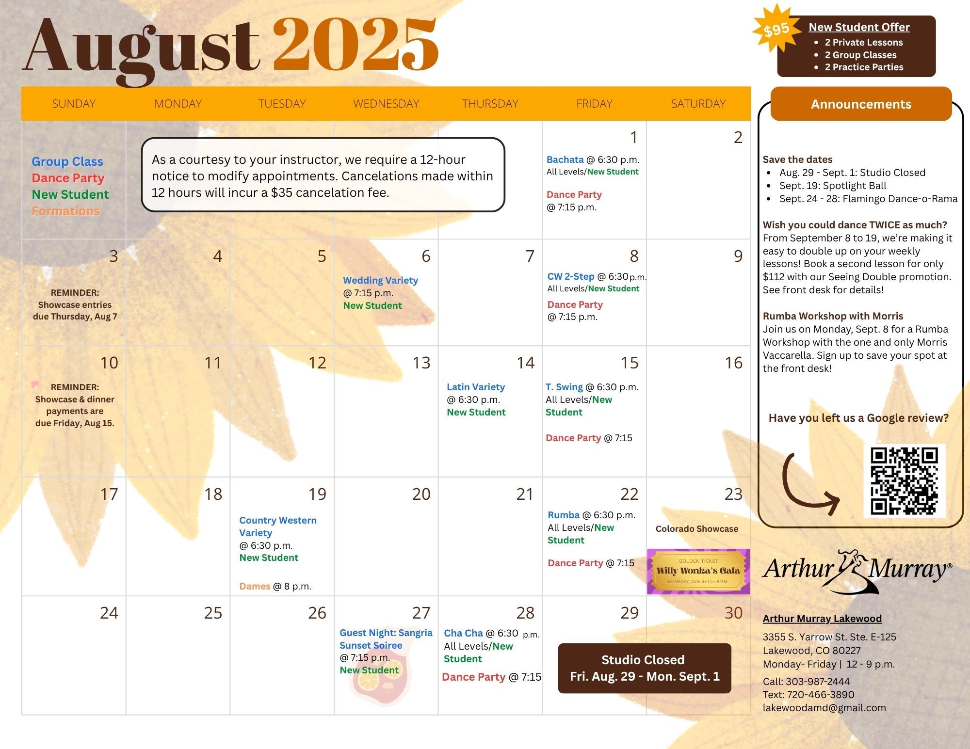 An image of a calendar labeled August 2025 with studio events indicated.