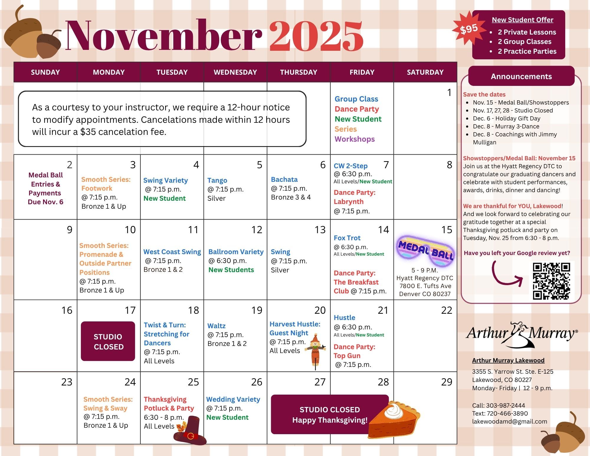 An image of the Lakewood studio calendar for the month of November.