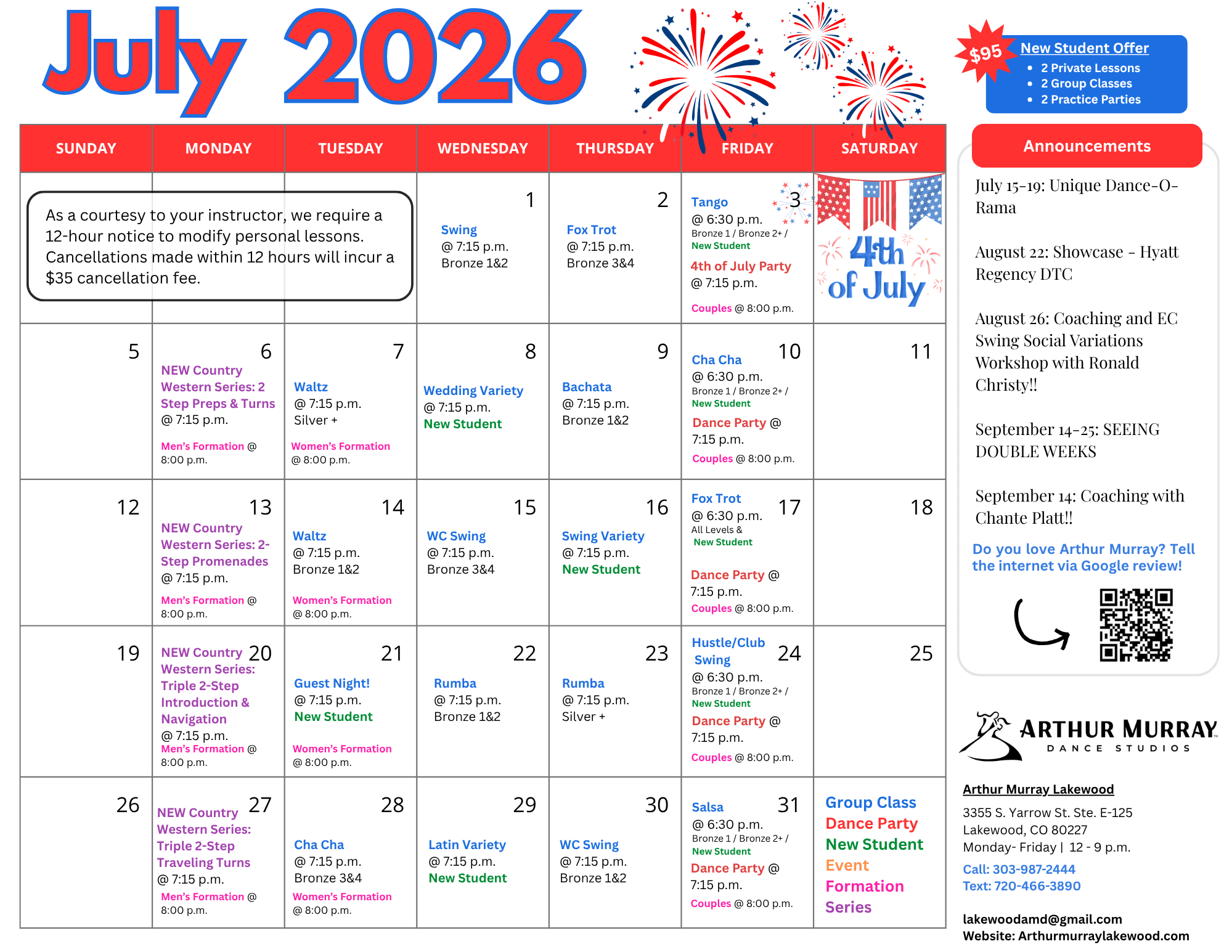 All Levels July Calendar