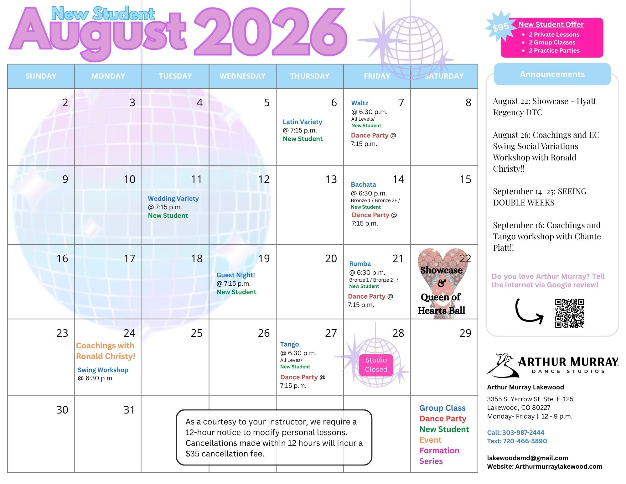 New Student August Calendar