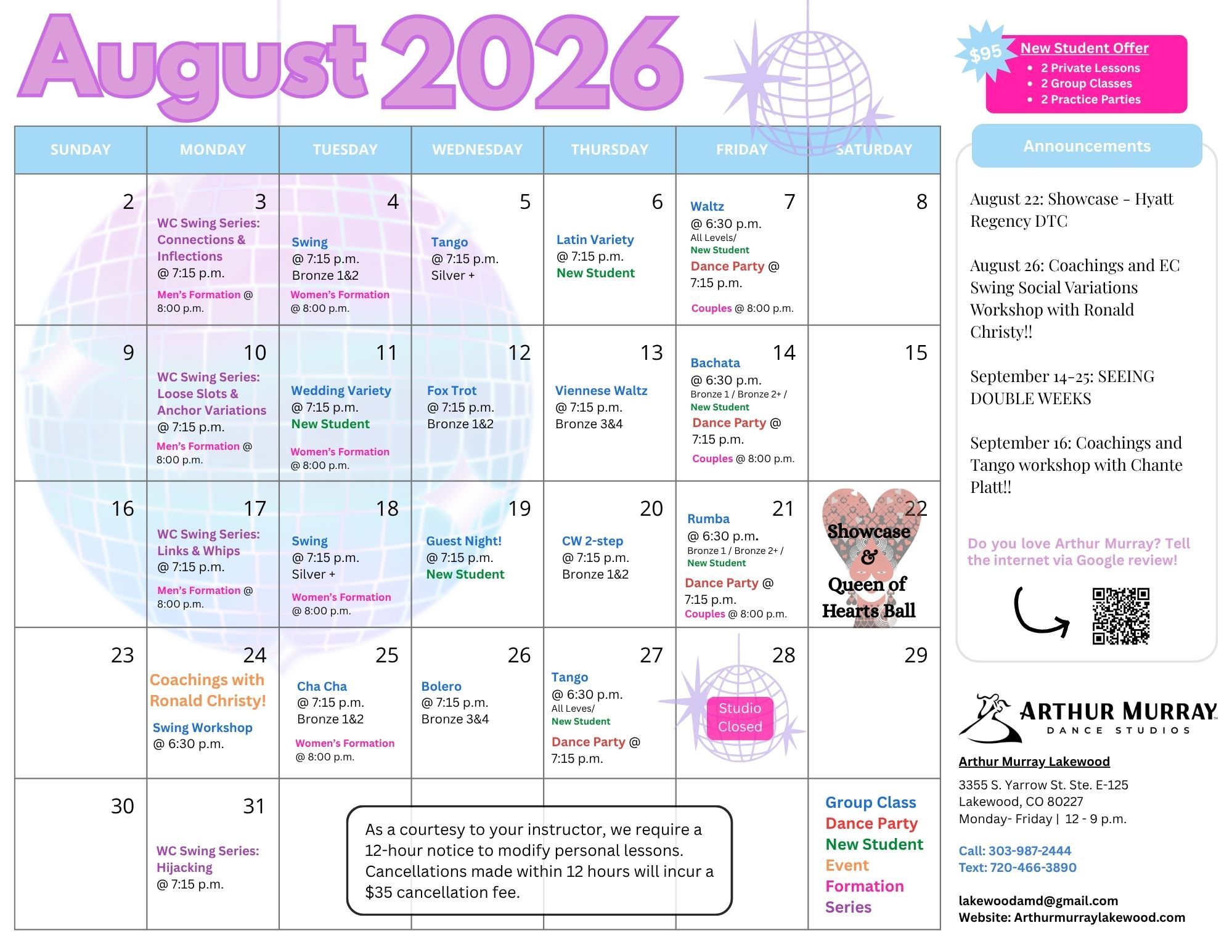 All Levels Studio Calendar for August