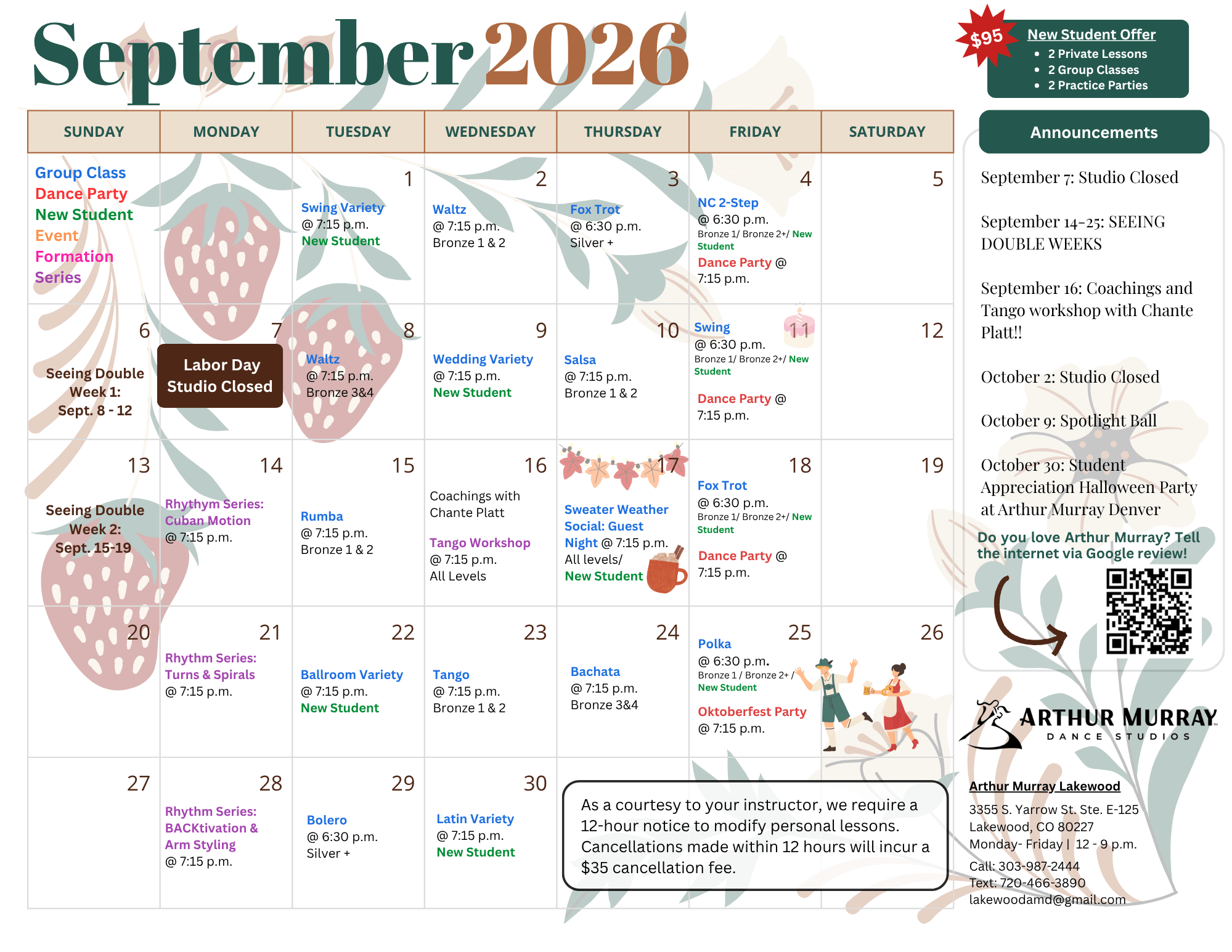 All Levels Studio Calendar for September 2026