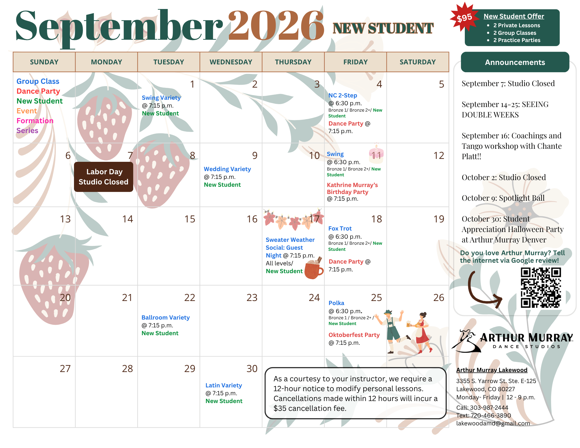 New Student Studio Calendar for September 2026