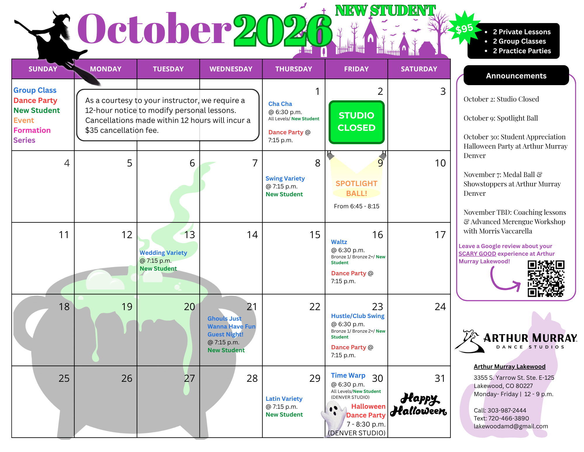 New Student Studio Calendar for October 2026