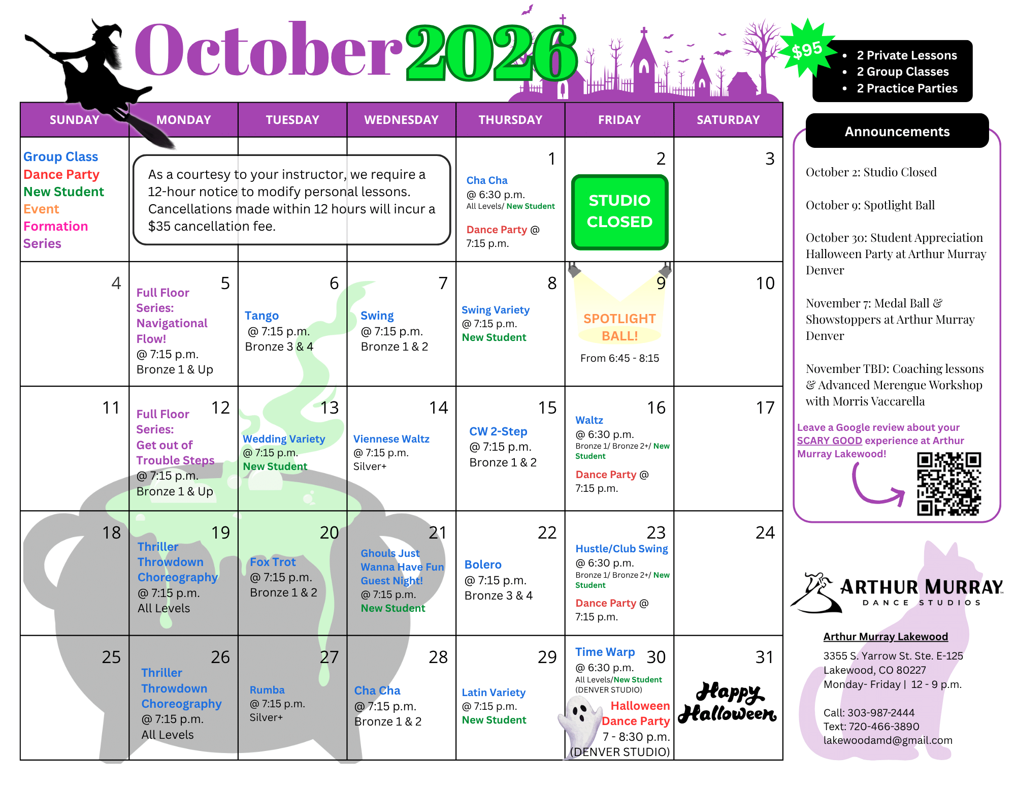 All Levels Studio Calendar for October 2026